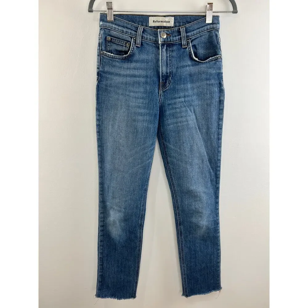 REFORMATION Blue Kasai Wash Mid-Rise Raw Hem Slim Denim Jeans Size 26